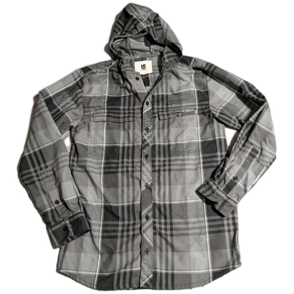Burton Colombo Hooded Flannel Shirt Mens S Gray Plaid Snowboard Button Up Hoodie